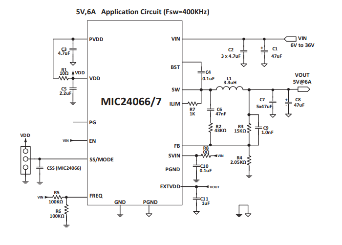 应用电路图 - Microchip Technology MIC24066/7开关降压稳压器